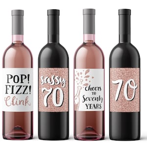 70th Birthday Printable Wine Bottle Labels - Rose Gold Glitter - 4 designs - Sassy Seventy Birthday Party Seventieth 70