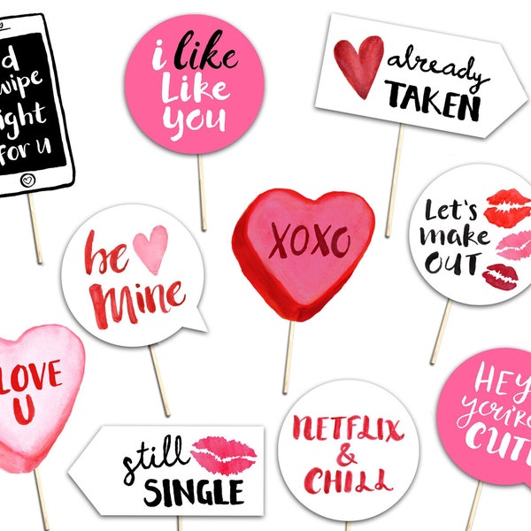 Valentine's Day Photo Booth Props - 10 Printable Hand Painted Signs - Holiday Party Decor - White Black Pink Red - Photobooth