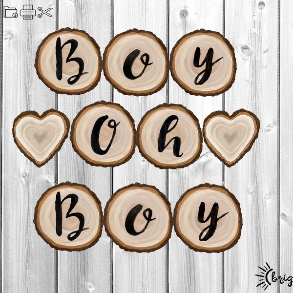 Baby Printable Banner Boy Oh Boy - Baby Shower Bunting DIY - Rustic Wood Slice Hand Lettering - Woodland Forest