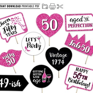 50th Birthday Printable Photo Booth Props - Hot Pink - 10 Signs - Fabulous Fifty Party