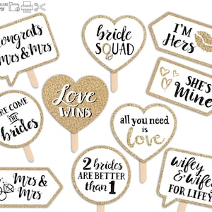Lesbian Wedding Printable Photo Booth Props - Mrs and Mrs - Gold - 10 Cute Signs - Gay Bachelorette Bridal Shower Hen Party