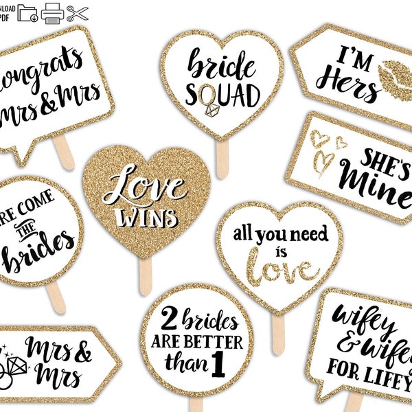 Lesbian Wedding Printable Photo Booth Props - Mrs and Mrs - Gold - 10 Cute Signs - Gay Bachelorette Bridal Shower Hen Party