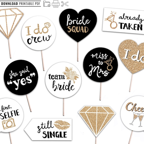 Bridal Shower Printable Photo Booth Props - INSTANT DOWNLOAD - Gold Black and White - 12 Bachelorette Party Signs - Hen Party