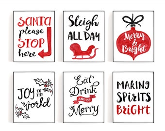 Noël Printable Wall Art - Ensemble de 6 tirages - 8 x 10 - Blanc Noir et Rouge Holiday Party Wall Decor - Téléchargement numérique
