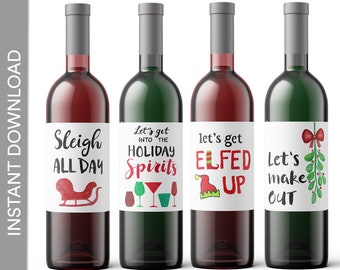Holiday Printable Wine Bottle Labels - Funny Christmas Party - 4 designs - Cute Original Ugly Sweater
