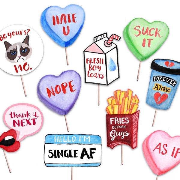 Anti-Valentine's Day Party Photo Booth Props - 10 Printable Hand Painted Signs - Galentine's Day Party Decor - Photobooth