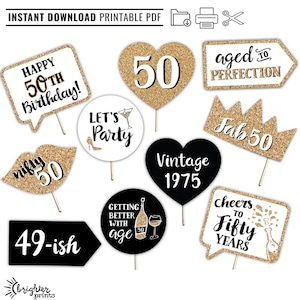 Accesorios para fotomatón imprimibles para el 50.° cumpleaños: dorado, negro y blanco, 10 carteles, fabulosa fiesta de los cincuenta