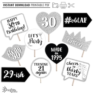 30th Birthday Printable Photo Booth Props - Silver Black and White - 10 Signs - Flirty Thirty Party