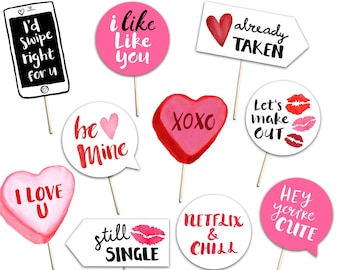 Valentine's Day Photo Booth Props - 10 Printable Hand Painted Signs - Holiday Party Decor - White Black Pink Red - Photobooth