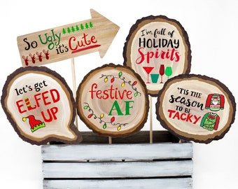 Ugly Sweater Party Photo Booth Props - 14 Printable Hand Painted Wood Slice Signs - Funny Holiday Party Decor - Rustic Christmas Photobooth