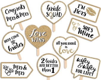 Lesbian Wedding Printable Photo Booth Props - Mrs and Mrs - Gold - 10 Cute Signs - Gay Bachelorette Bridal Shower Hen Party
