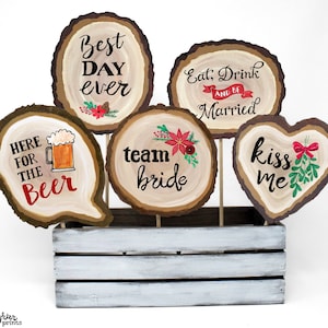 Printable Photo Booth Props - Rustic Winter Wedding - Hand Painted Wood Slice Signs - Christmas Bridal Party Photobooth