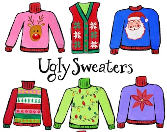 Ugly Sweater Clipart - 9 PNG Download Files - Christmas Party - Hand Painted Digital Clipart Elements