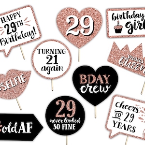 29th Birthday Printable Photo Booth Props - 10 Signs Instant Download & Print - Rose Gold Glitter - Twenty Nine Adult Party Decorations