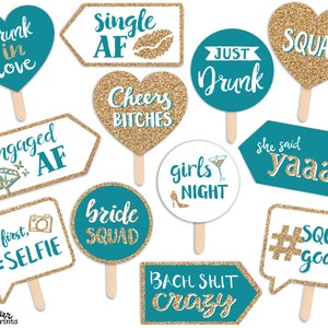 Funny Bachelorette or Bridal Shower Printable Photo Booth Props - Teal Gold White - 12 Hand Lettered Signs - Bride Squad Hen Party