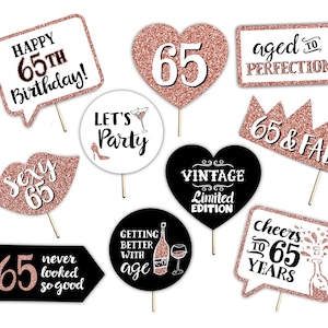 65th Birthday Printable Photo Booth Props - Rose Gold Black and White - 10 Signs - Sixty Five Party Decorations