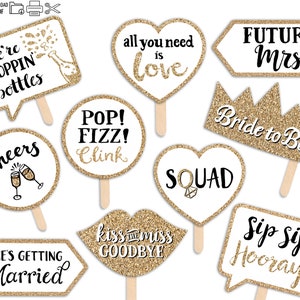 Bridal Shower Printable Photo Booth Props - 10 Signs Gold Black and White - Classy Bachelorette Hen Party