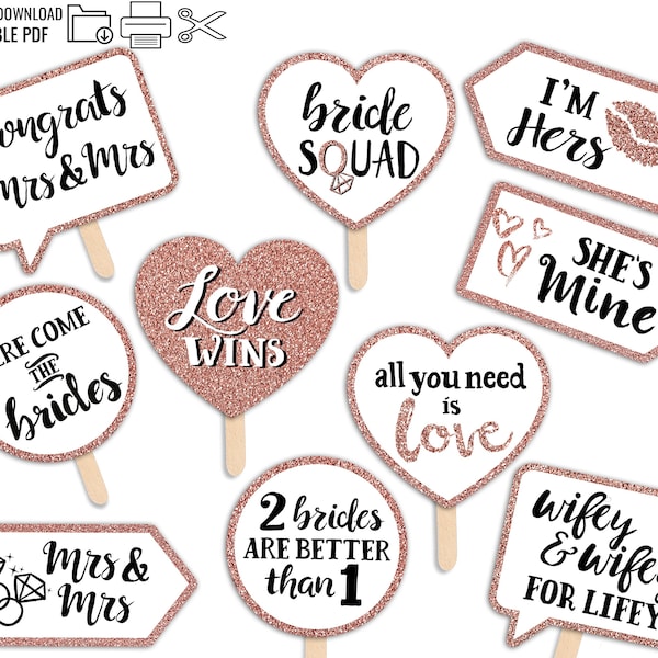 Lesbian Wedding Printable Photo Booth Props - Mrs and Mrs - Rose Gold - 10 Cute Signs - Gay Bachelorette Bridal Shower Hen Party