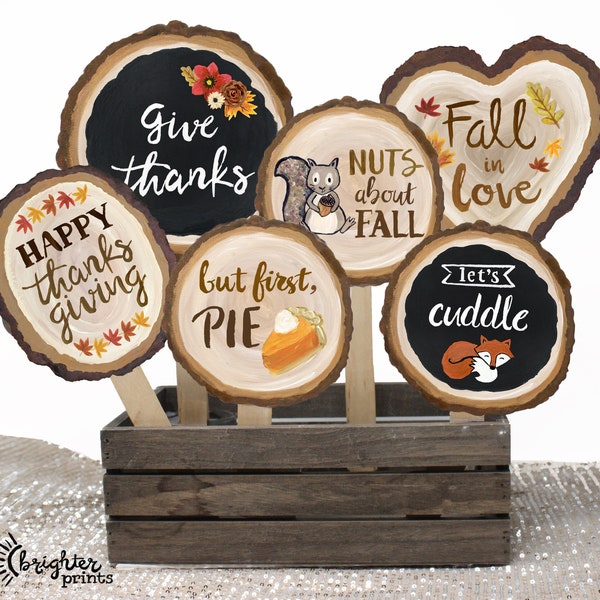 Fall Party Photo Booth Props - 20 Printable Hand Painted Wood Slice Signs - Thanksgiving Decorations - Rustic Autumn Photobooth