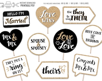 Non-Binary Wedding Printable Photo Booth Props - Gender Neutral Mx LGBTQ+ - Gold