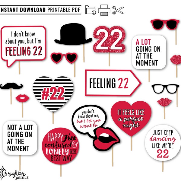 Printable Feeling 22 Photo Booth Props | Instant Download DIY 22nd Birthday Party Props | Taylor Swift Inspired Birthday