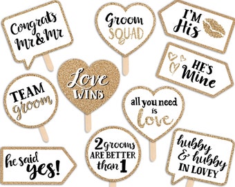 Gay Wedding Printable Photo Booth Props - Mr and Mr - INSTANT DOWNLOAD 10 Gold signs - Men Gay Bachelor Party Grooms