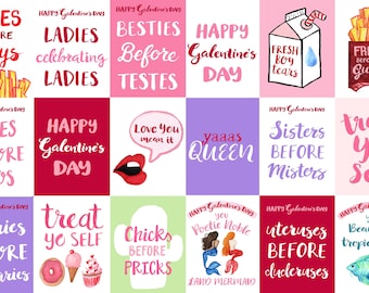 May include: A set of 12 printable Valentine's Day cards with humorous sayings. The cards feature a variety of illustrations, including chips, doughnuts, mermaids, and a cartoon mouth.