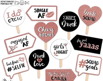 Afdrukbare grappige bruidsploeg Bachelorette Party Photo Booth Props - roségoud wit zwart - 12 handgeschilderde borden - vrijgezellenfeest vrijgezellenfeest