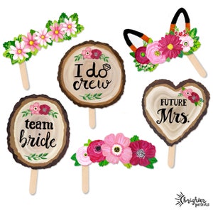 Bachelorette Party Photo Booth Props - 12 Printable Hand Painted Signs - Flower Crown Wood Slice Rustic Wedding - Bridal Shower Photobooth