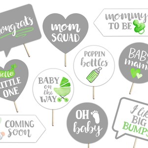 Accesorios para fotomatón imprimibles para baby shower - Género neutro - Verde gris y blanco - Moderno simple - 10 letreros pintados a mano