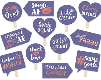 Funny Bride Squad Bachelorette Party Printable Photo Booth Props - Rose Gold Violet - 12 Hand Painted Signs - Bridal Shower Hen Party