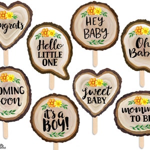 Rustic Baby Shower Boy - Printable Photo Booth Props - 8 Yellow Floral Hand Painted Wood Slice Signs - Woodland Boho Floral Party Photobooth