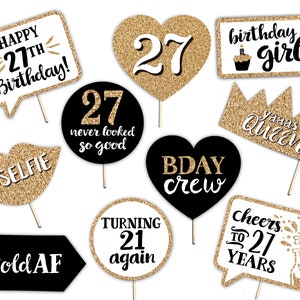 27th Birthday Printable Photo Booth Props - 10 Signs - Instant Download & Print - Gold Glitter - Twenty Seven Adult Party Decorations
