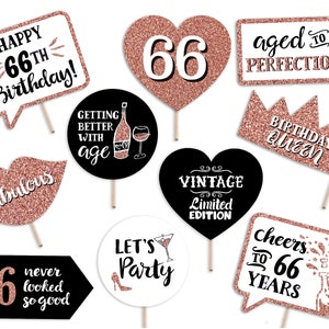 66th Birthday Printable Photo Booth Props - 10 Signs Instant Download and Print - Rose Gold Glitter - Sixty Six Adult Party Decorations