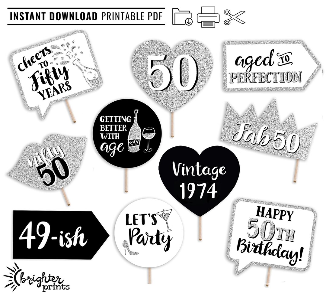 50th Birthday Printable Photo Booth Props INSTANT DOWNLOAD Silver Black ...