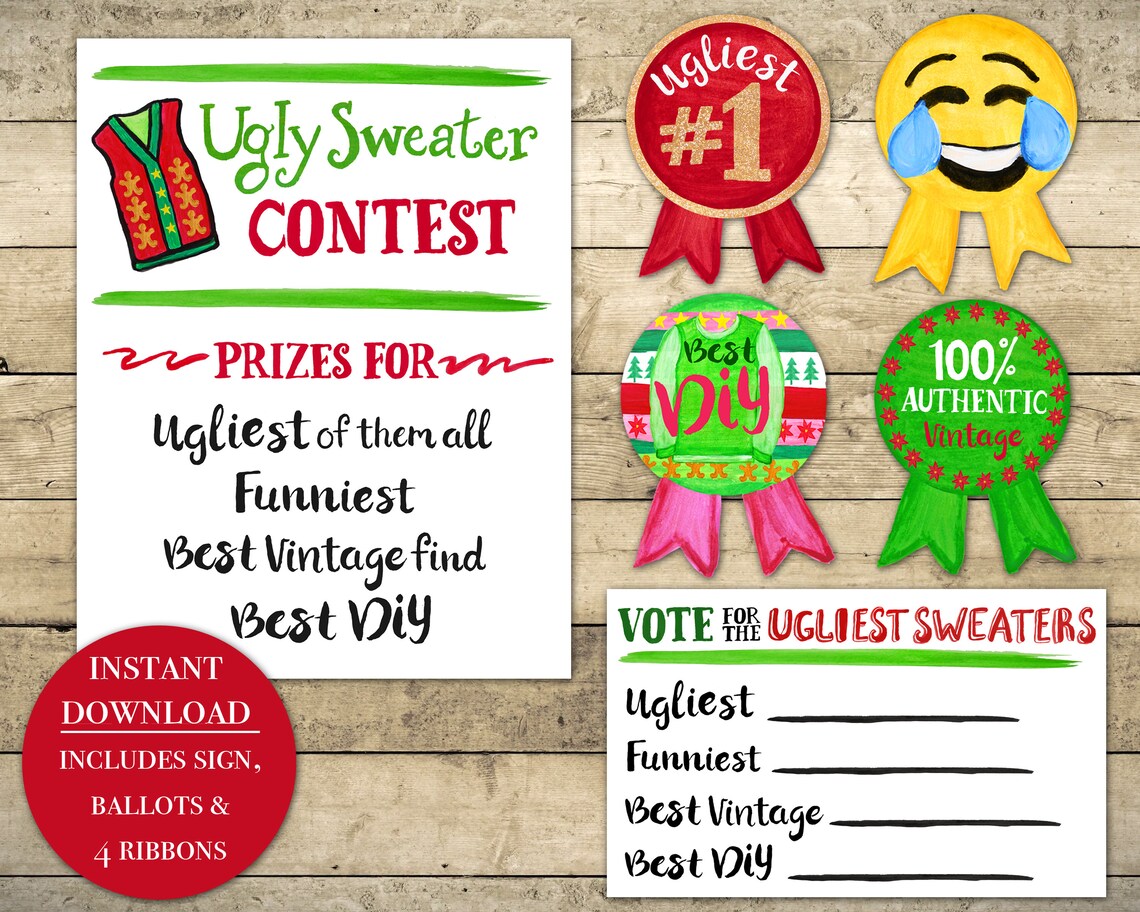 Printable Ugly Sweater Party Contest Pack - Sign, Voting Ballots, and