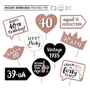 40th Birthday Printable Photo Booth Props - Rose Gold Black and White - 10 Signs - Fortieth Forty Party