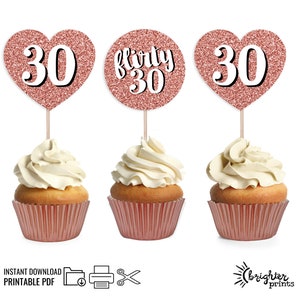 Printable 30th Birthday Cupcake Toppers - Instant Download PDF - Rose ...