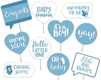 Baby Shower Printable Photo Booth Props - Baby Boy - Blue and White - 10 Hand Painted Signs