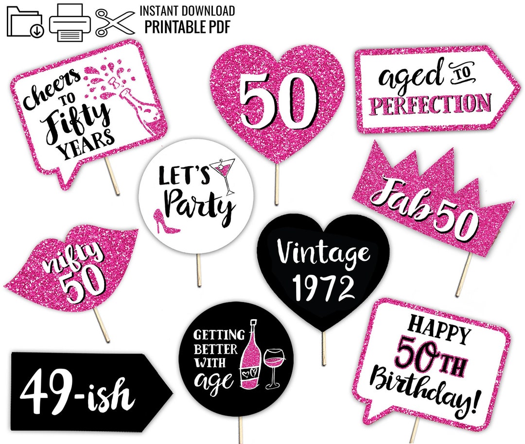 50th Birthday Printable Photo Booth Props Hot Pink Black and White ...