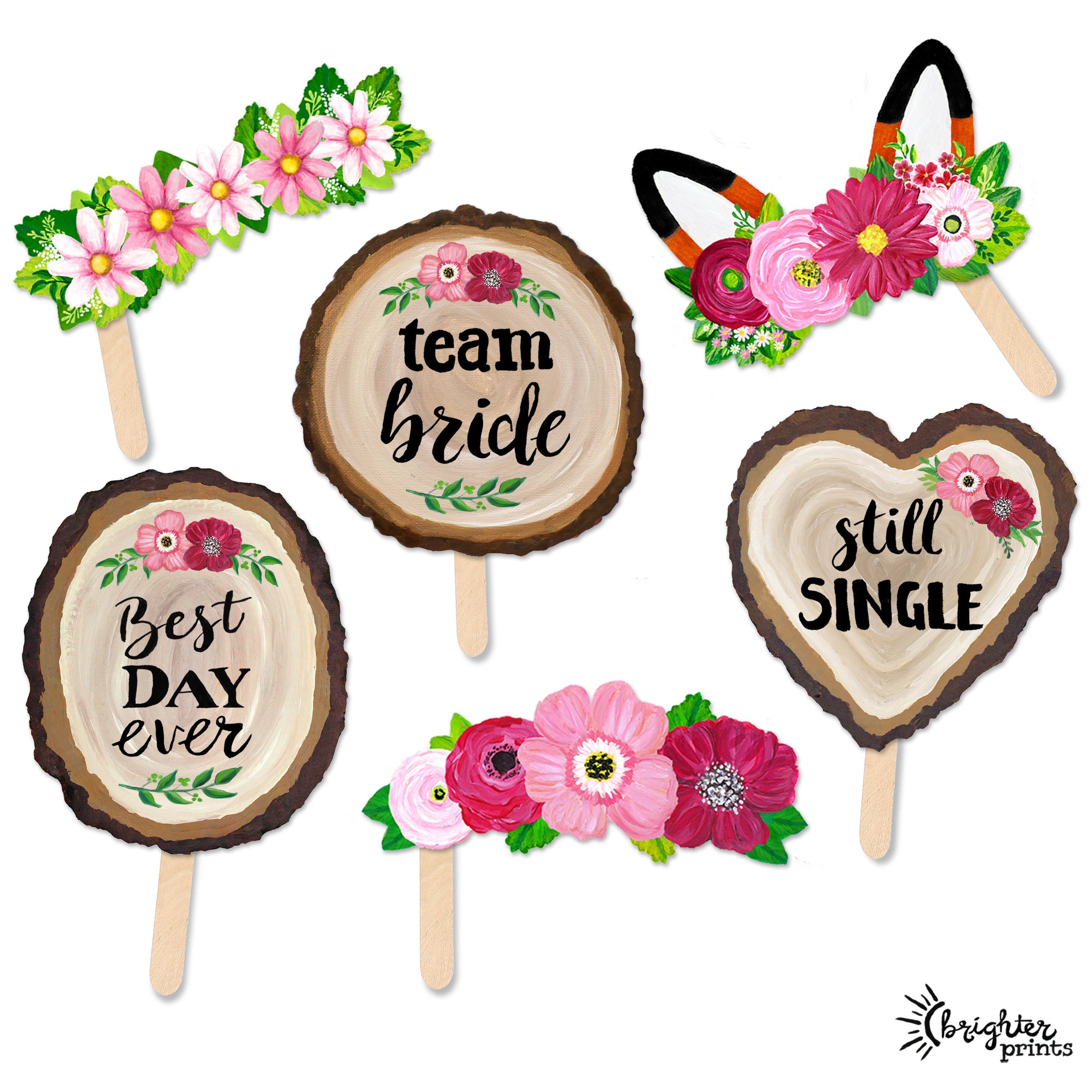 Printable Rustic Wedding Photo Booth Props 12 Hand Painted Signs Flower Crown Wood Slice Photobooth
