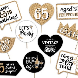 65th Birthday Printable Photo Booth Props - Gold Black and White - 10 Hand Painted Signs - Sixty Five Party Decorations