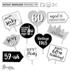 60th Birthday Printable Photo Booth Props - Silver Black and White - 10 Party Signs - Sixtieth Birthday 60