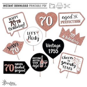 70th Birthday Printable Photo Booth Props - Rose Gold Black and White - 10 Signs - Seventieth Birthday Party