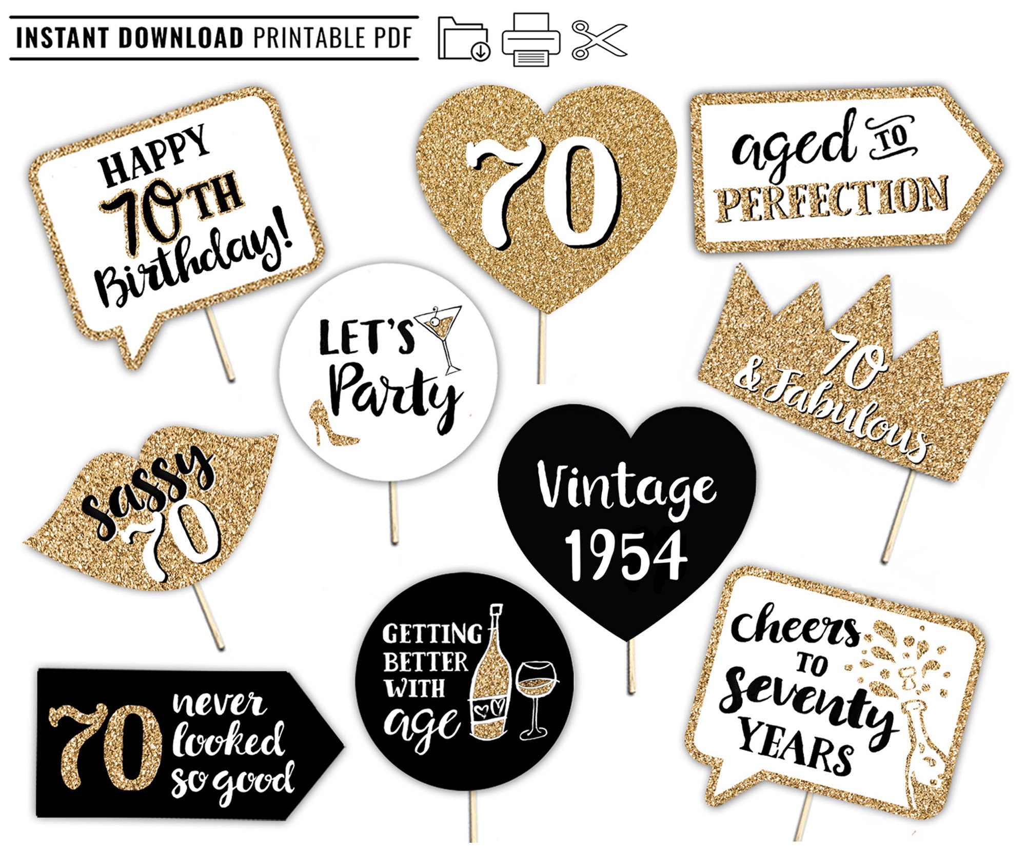 70th Birthday Printable Photo Booth Props Gold Black and White 10 Signs Seventieth Birthday Party - Etsy