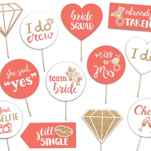 Bridal Shower Printable Photo Booth Props - Coral Gold and White - 12 Hand Painted Signs - Bachelorette Hen Party
