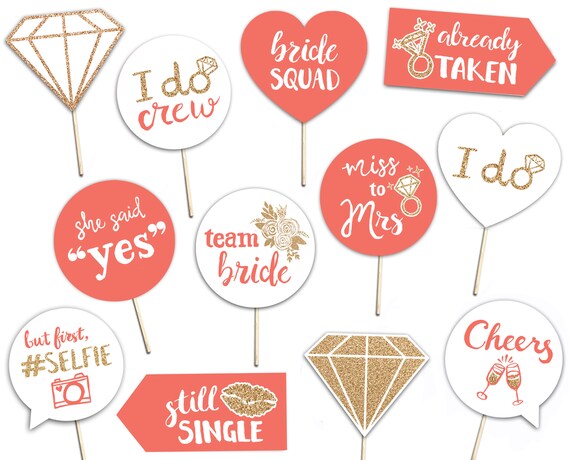 Bridal Shower Printable Photo Booth Props Coral Gold and White 12 Hand Painted Signs Bachelorette Hen Party
