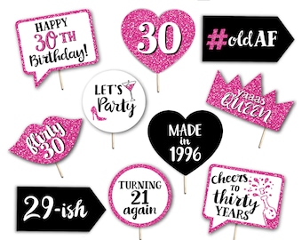 Accesorios imprimibles para fotomatón de 30 cumpleaños, color rosa intenso, descarga instantánea, decoración DIY para fiestas de treinta años.