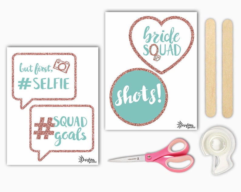 Rose Gold Gray White Funny Bride Squad Bachelorette Party Printable Photo Booth Props Bridal Shower Hen Party 12 Hand Painted Signs