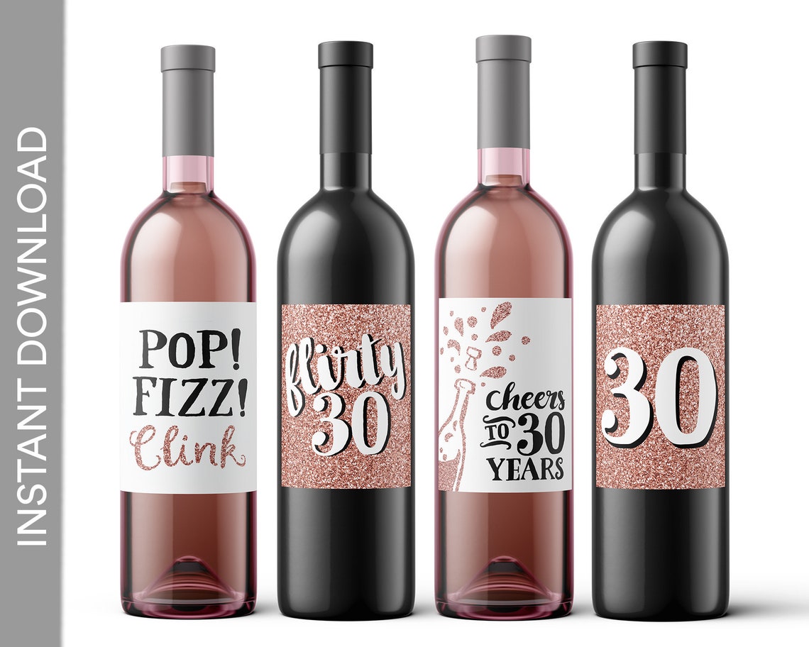 30th Birthday Printable Wine Bottle Labels Rose Gold Glitter Etsy